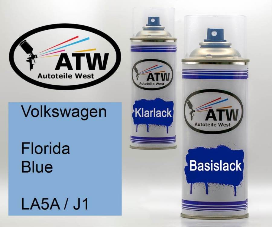 Volkswagen, Florida Blue, LA5A / J1: 400ml Sprühdose + 400ml Klarlack - Set, von ATW Autoteile West.